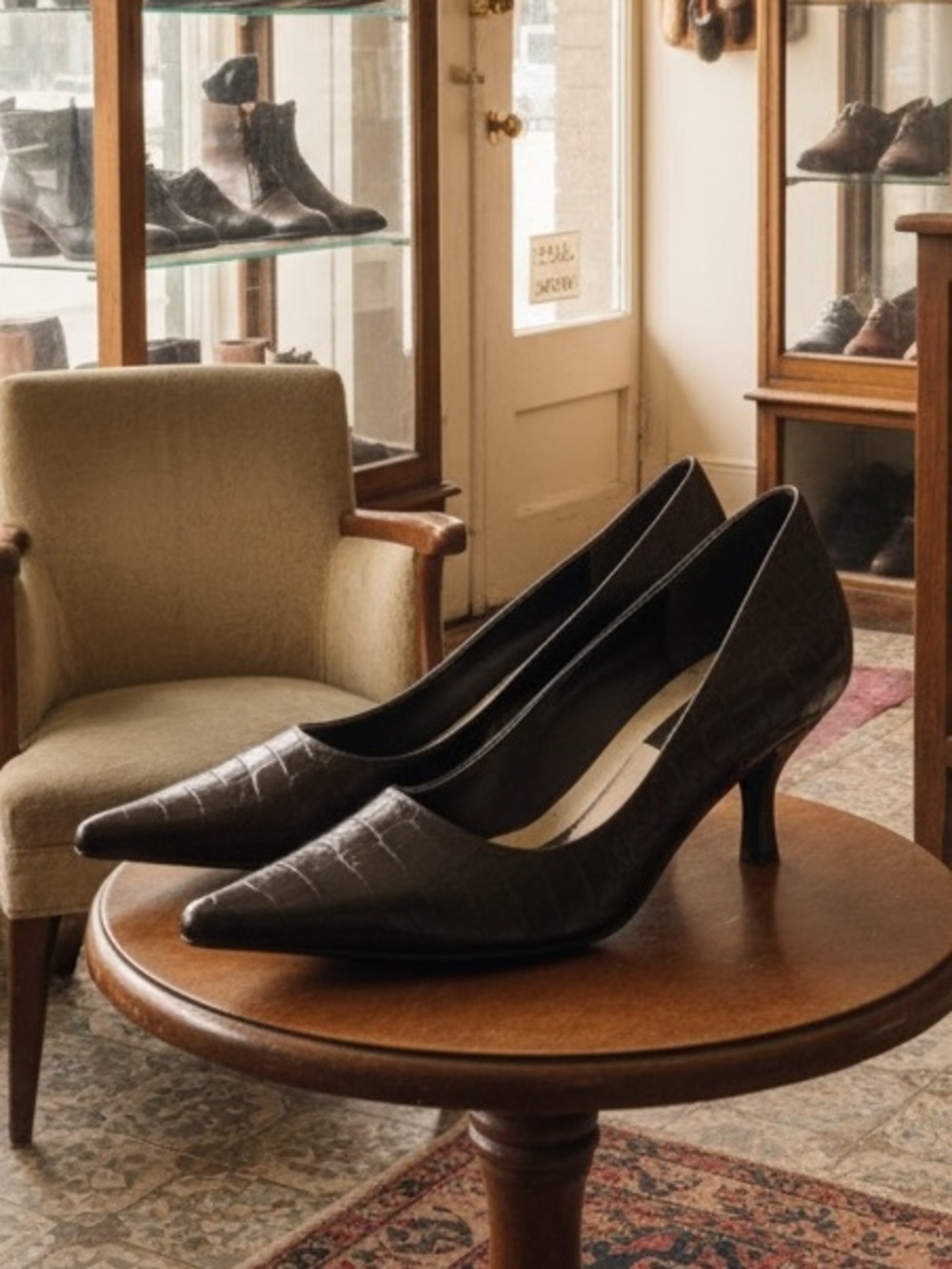 Bandolino Croc-Embossed Pointed Toe Kitten Heels - Dark Brown